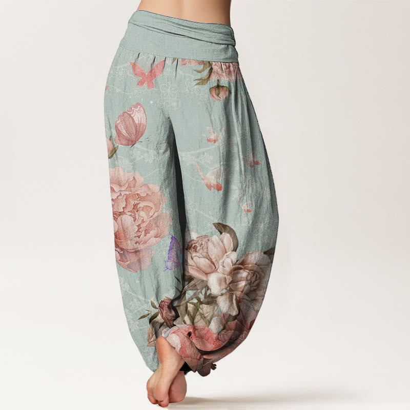 Pantalon Buddha Stones décontracté en pur coton avec motif pivoine et papillon pour femme, taille élastique