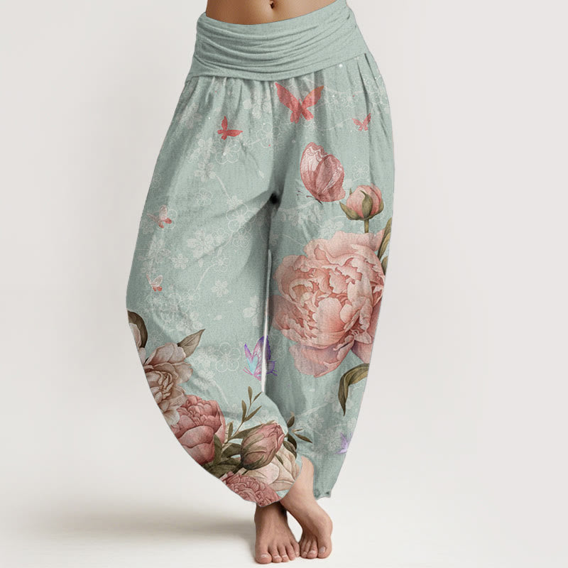 Pantalon Buddha Stones décontracté en pur coton avec motif pivoine et papillon pour femme, taille élastique