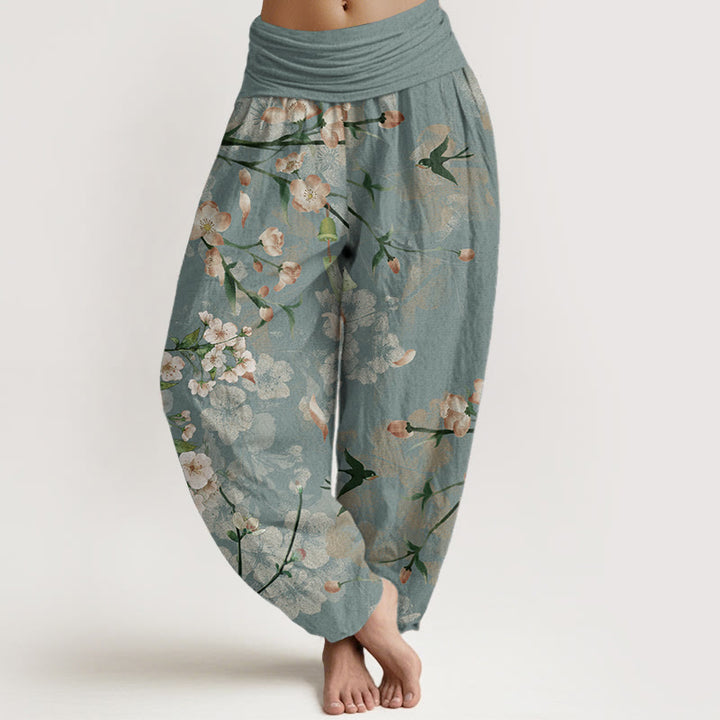 Pantalon Buddha Stones taille élastique pour femme, motif fleurs de pêcher et oies volantes, en pur coton, motif Buddha Stones