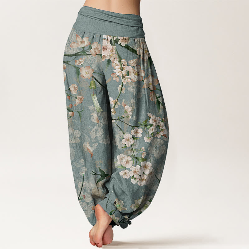 Pantalon Buddha Stones taille élastique pour femme, motif fleurs de pêcher et oies volantes, en pur coton, motif Buddha Stones