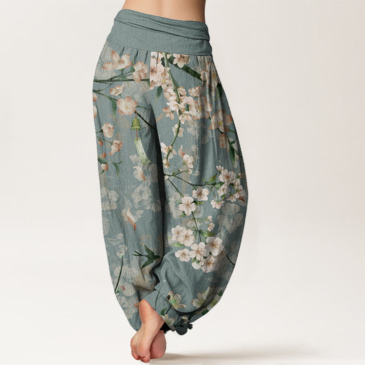 Pantalon Buddha Stones taille élastique pour femme, motif fleurs de pêcher et oies volantes, en pur coton, motif Buddha Stones