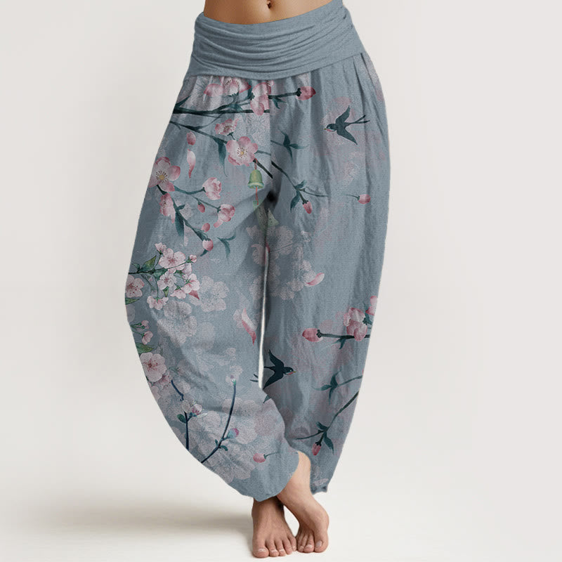 Pantalon Buddha Stones taille élastique pour femme, motif fleurs de pêcher et oies volantes, en pur coton, motif Buddha Stones