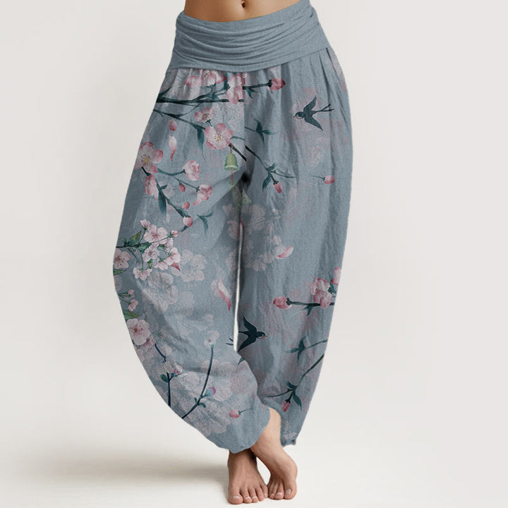 Pantalon Buddha Stones taille élastique pour femme, motif fleurs de pêcher et oies volantes, en pur coton, motif Buddha Stones