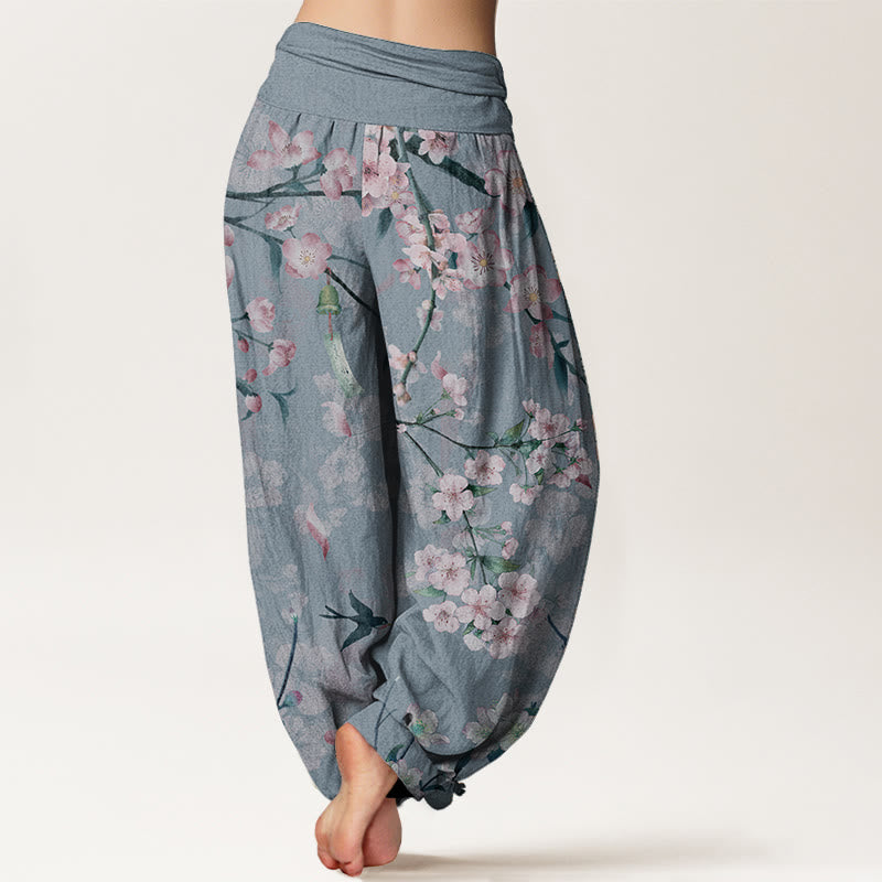 Pantalon Buddha Stones taille élastique pour femme, motif fleurs de pêcher et oies volantes, en pur coton, motif Buddha Stones