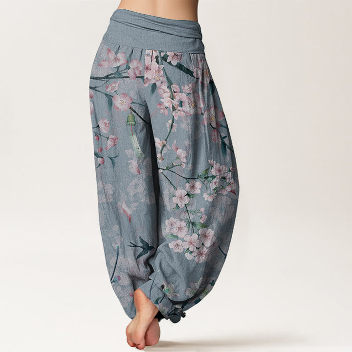 Pantalon Buddha Stones taille élastique pour femme, motif fleurs de pêcher et oies volantes, en pur coton, motif Buddha Stones