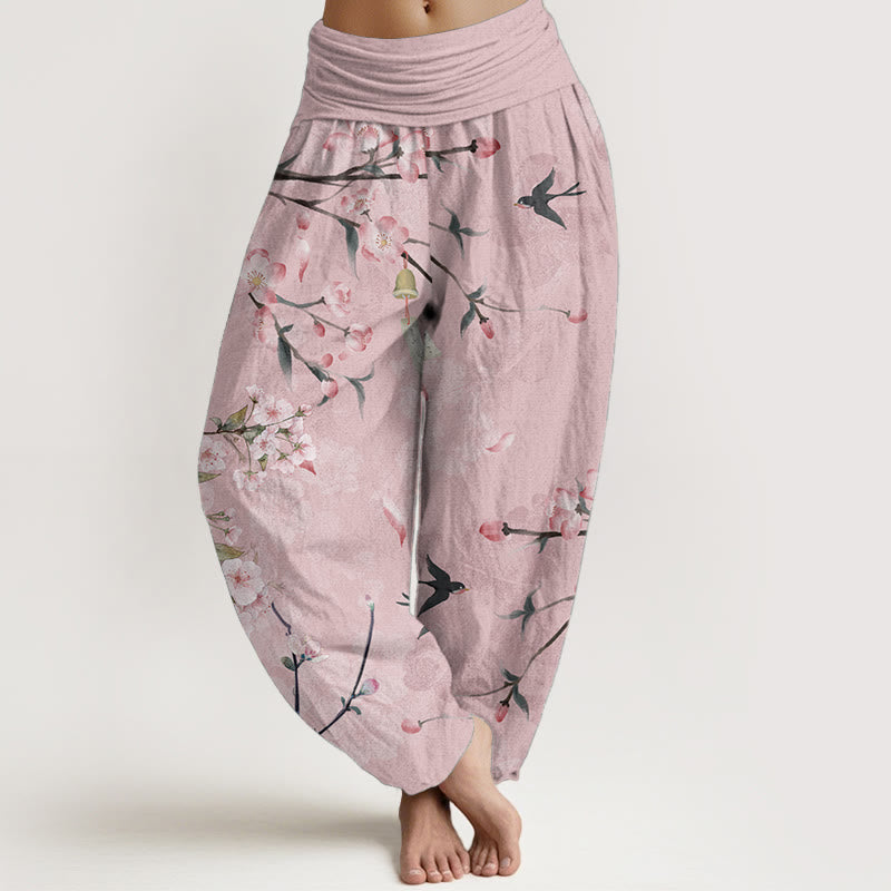 Pantalon Buddha Stones taille élastique pour femme, motif fleurs de pêcher et oies volantes, en pur coton, motif Buddha Stones