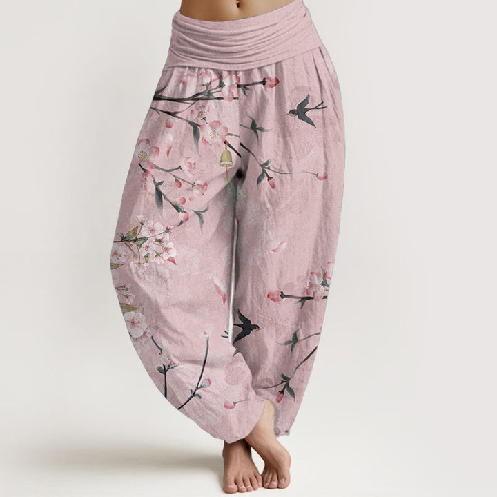Pantalon Buddha Stones taille élastique pour femme, motif fleurs de pêcher et oies volantes, en pur coton, motif Buddha Stones