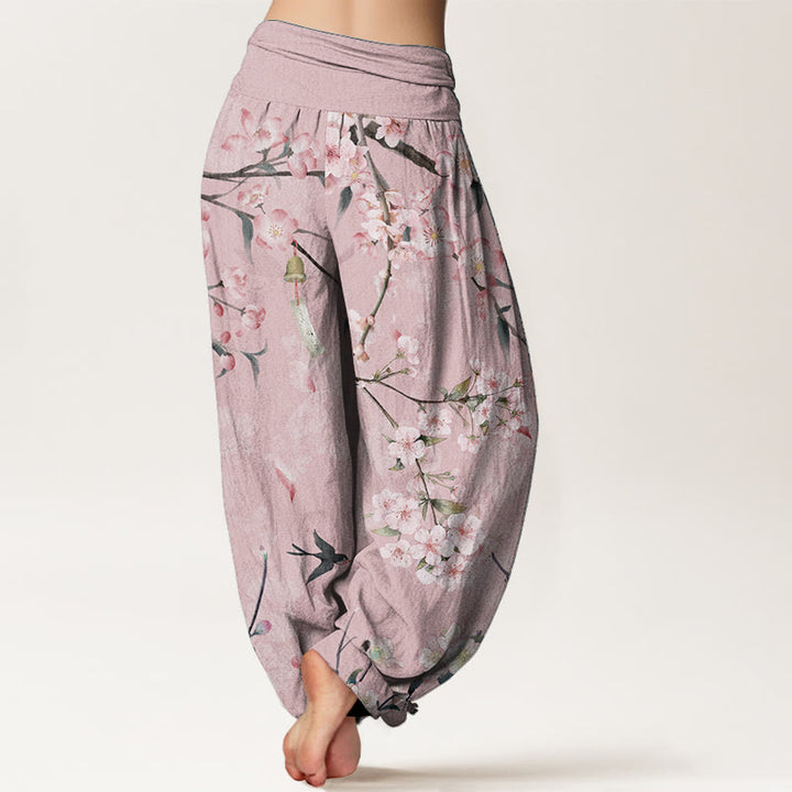 Pantalon Buddha Stones taille élastique pour femme, motif fleurs de pêcher et oies volantes, en pur coton, motif Buddha Stones