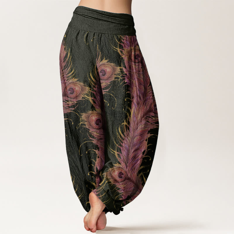 Pantalon sarouel taille élastique pour femme en pur coton avec motif phénix brillant et Buddha Stones