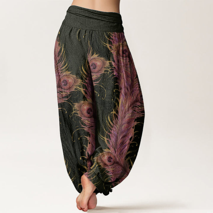 Pantalon sarouel taille élastique pour femme en pur coton avec motif phénix brillant et Buddha Stones