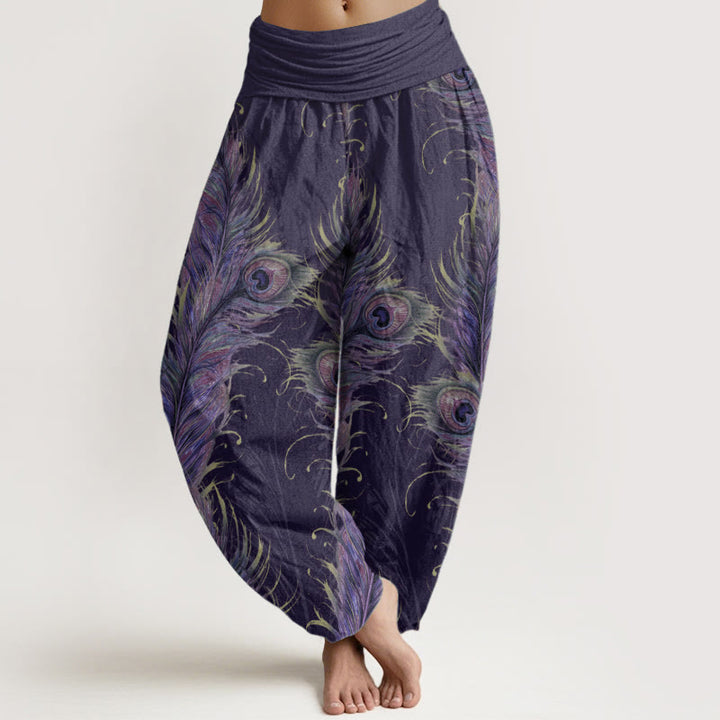 Pantalon sarouel taille élastique pour femme en pur coton avec motif phénix brillant et Buddha Stones