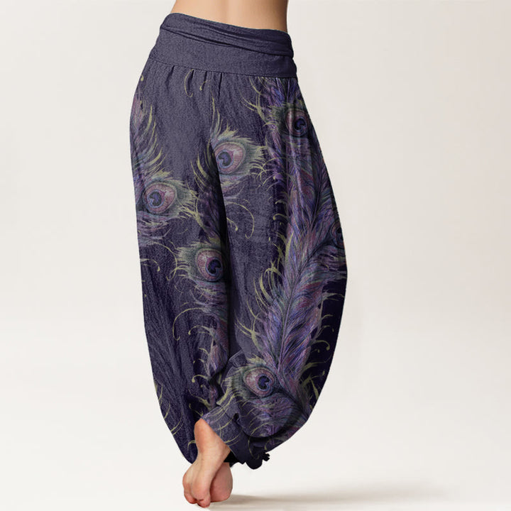 Pantalon sarouel taille élastique pour femme en pur coton avec motif phénix brillant et Buddha Stones