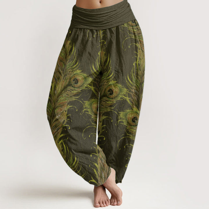 Pantalon sarouel taille élastique pour femme en pur coton avec motif phénix brillant et Buddha Stones