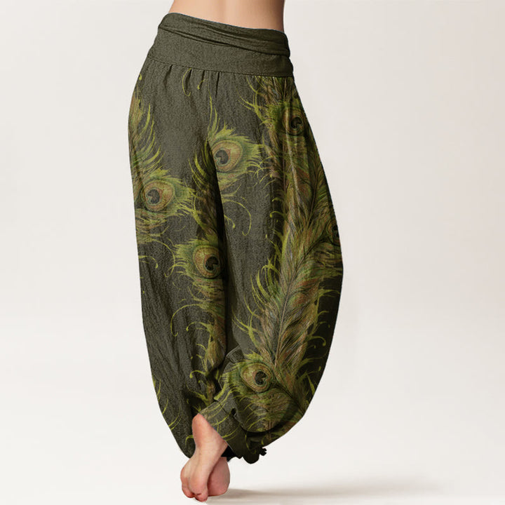 Pantalon sarouel taille élastique pour femme en pur coton avec motif phénix brillant et Buddha Stones