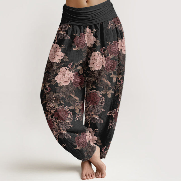Pantalon Buddha Stones décontracté en pur coton avec motif de pivoines luxuriantes et feuilles pour femme, taille élastique