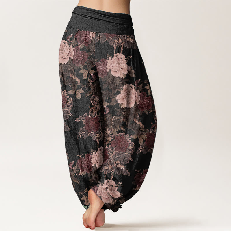 Pantalon Buddha Stones décontracté en pur coton avec motif de pivoines luxuriantes et feuilles pour femme, taille élastique