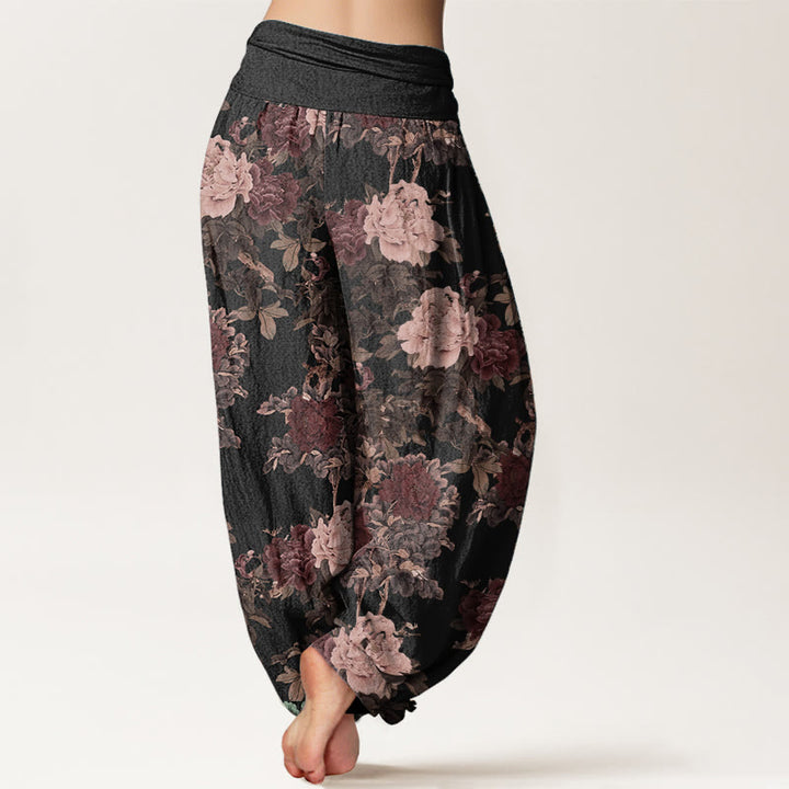 Pantalon Buddha Stones décontracté en pur coton avec motif de pivoines luxuriantes et feuilles pour femme, taille élastique