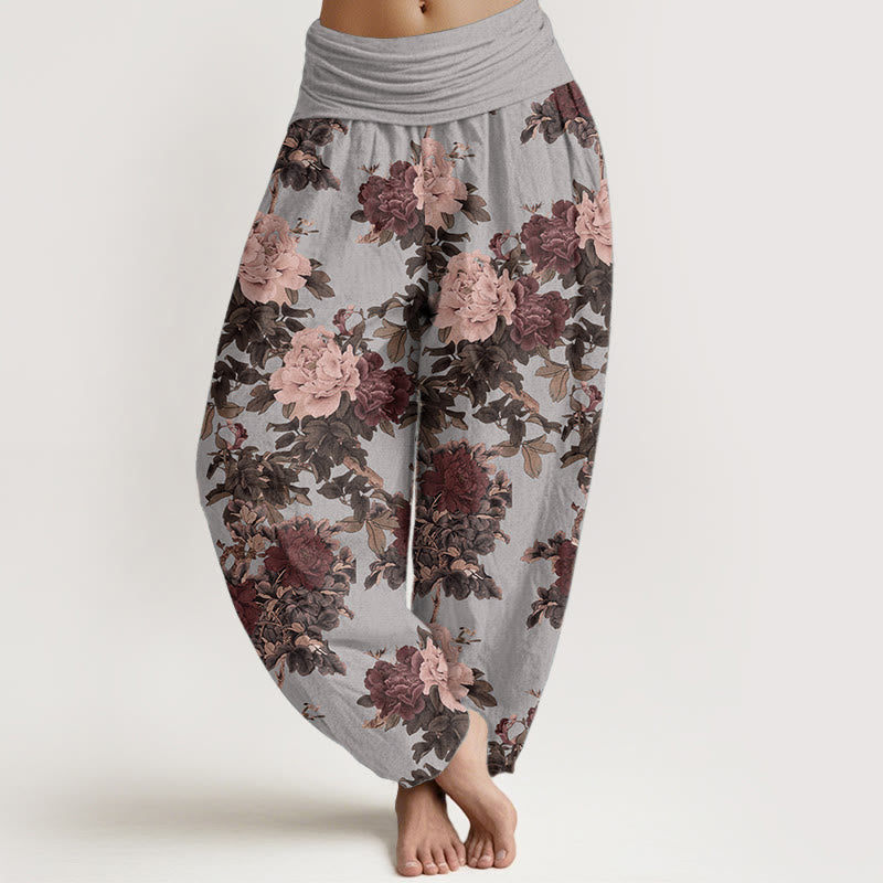 Pantalon Buddha Stones décontracté en pur coton avec motif de pivoines luxuriantes et feuilles pour femme, taille élastique