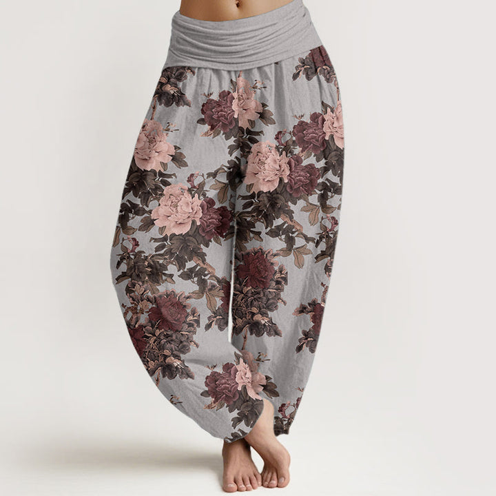 Pantalon Buddha Stones décontracté en pur coton avec motif de pivoines luxuriantes et feuilles pour femme, taille élastique - Bleu acier clair - US22，UK/AU26，EU54 (6XL) - image 5