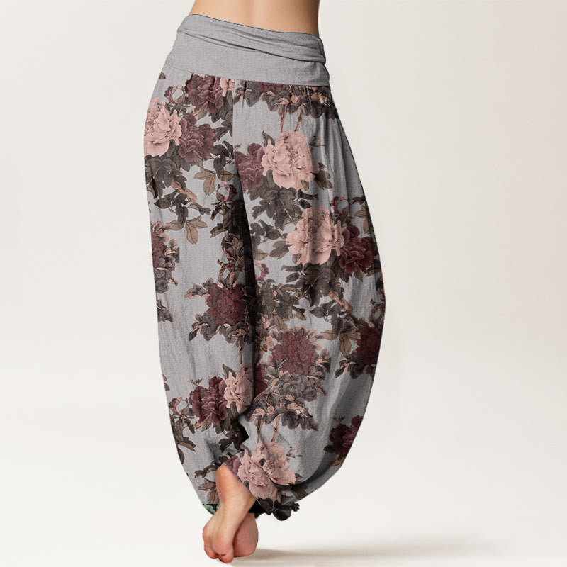 Pantalon Buddha Stones décontracté en pur coton avec motif de pivoines luxuriantes et feuilles pour femme, taille élastique