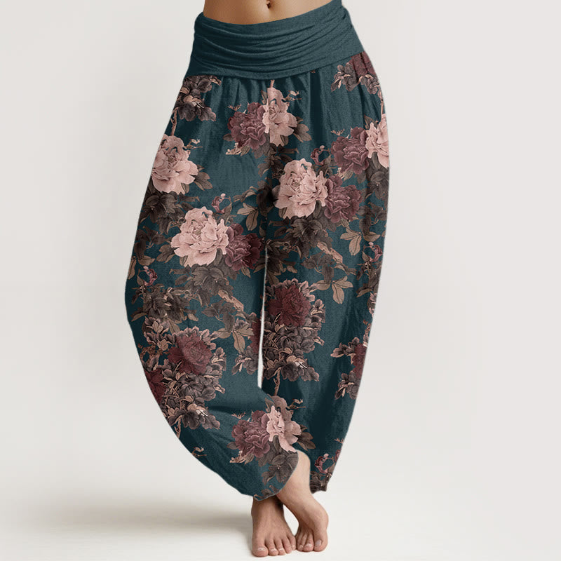 Pantalon Buddha Stones décontracté en pur coton avec motif de pivoines luxuriantes et feuilles pour femme, taille élastique