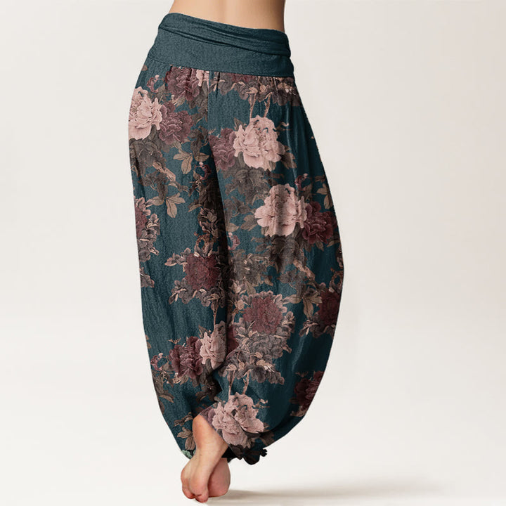 Pantalon Buddha Stones décontracté en pur coton avec motif de pivoines luxuriantes et feuilles pour femme, taille élastique