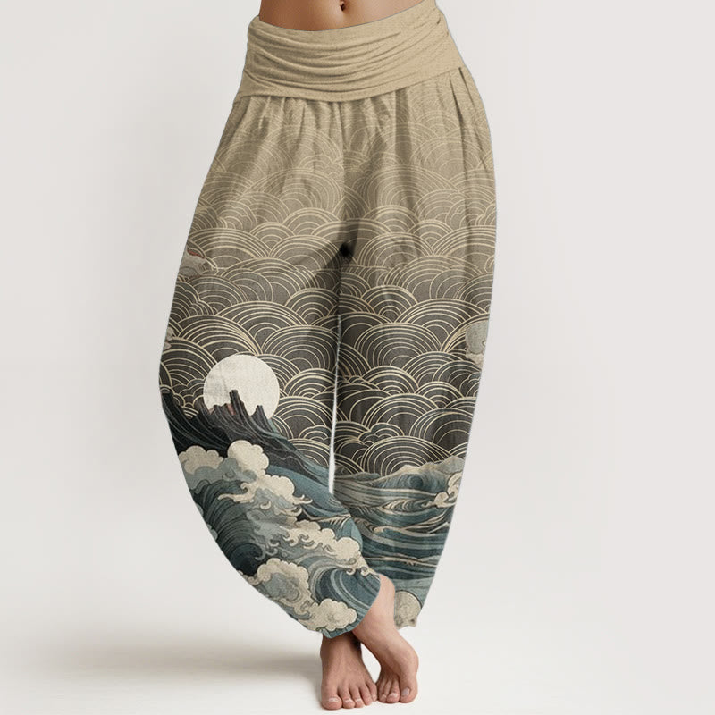 Pantalon Buddha Stones décontracté en pur coton avec motif de vagues, de lune et de montagne pour femme, taille élastique - Blé - US22，UK/AU26，EU54 (6XL) - image 8