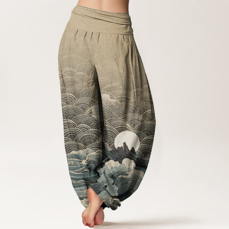 Pantalon Buddha Stones décontracté en pur coton avec motif de vagues, de lune et de montagne pour femme, taille élastique - image 9