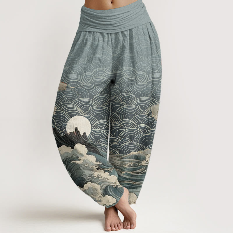 Pantalon Buddha Stones décontracté en pur coton avec motif de vagues, de lune et de montagne pour femme, taille élastique - Bleu ciel - US22，UK/AU26，EU54 (6XL) - image 5
