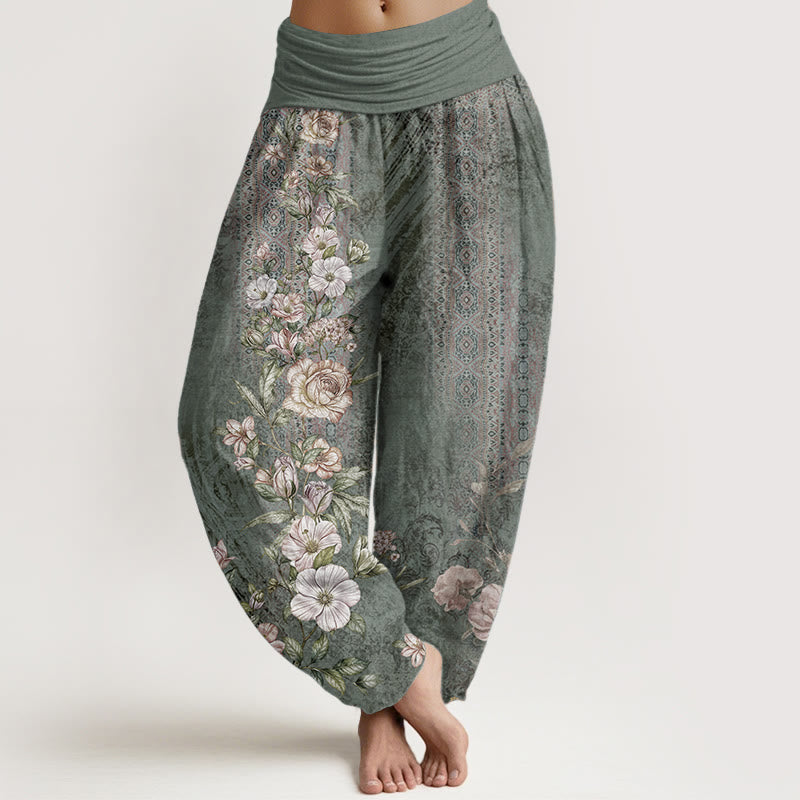 Pantalon sarouel à taille élastique pour femme, motif ethnique totem floral, pur coton, Buddha Stones - Vert mer moyen - US22，UK/AU26，EU54 (6XL) - image 0