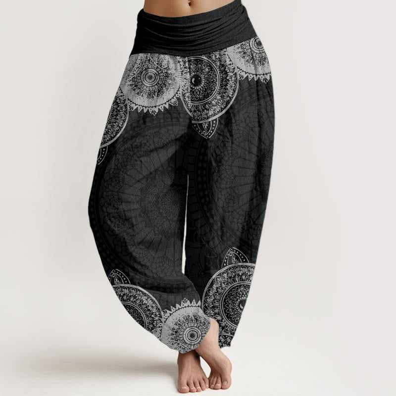 Pantalon sarouel à taille élastique pour femme, motif mandala circulaire en pur coton, Buddha Stones - Noir - US22，UK/AU26，EU54 (6XL) - image 0