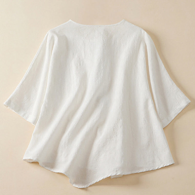Chemise décontractée en coton et lin pour femme, motif grenouille coloré, motif fleurs et Buddha Stones , à manches mi-longues - image 15