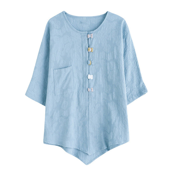 Chemise décontractée en coton et lin pour femme, motif grenouille coloré, motif fleurs et Buddha Stones , à manches mi-longues - image 3