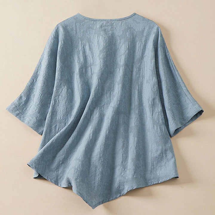 Chemise décontractée en coton et lin pour femme, motif grenouille coloré, motif fleurs et Buddha Stones , à manches mi-longues - image 2
