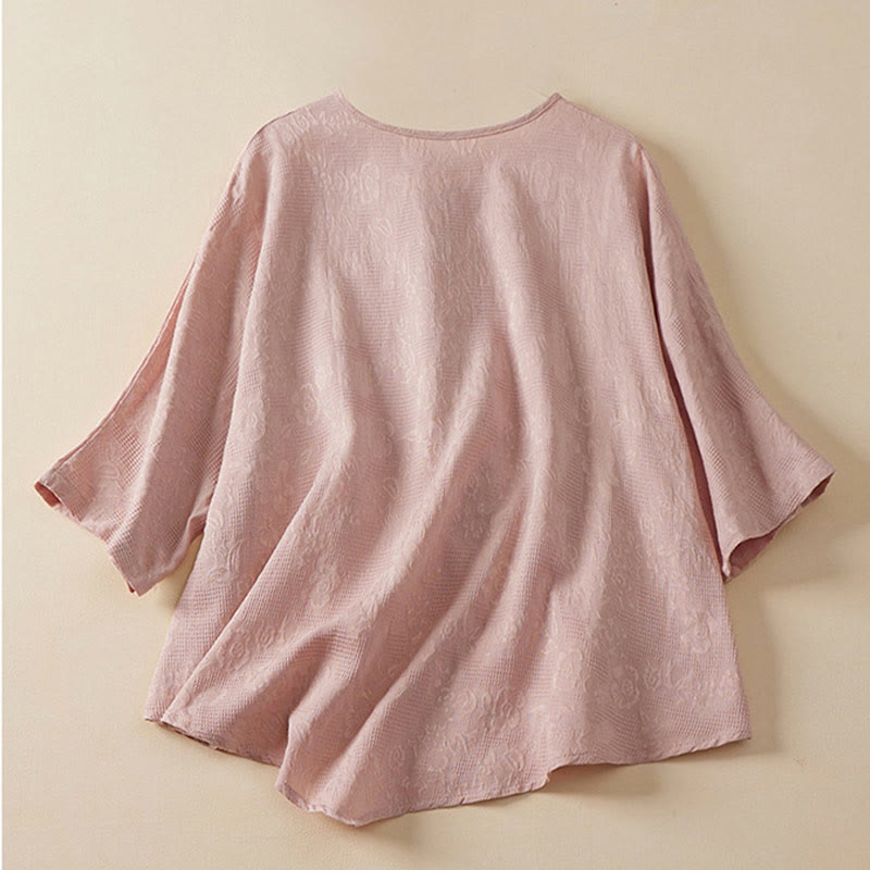 Chemise décontractée en coton et lin pour femme, motif grenouille coloré, motif fleurs et Buddha Stones , à manches mi-longues - image 5