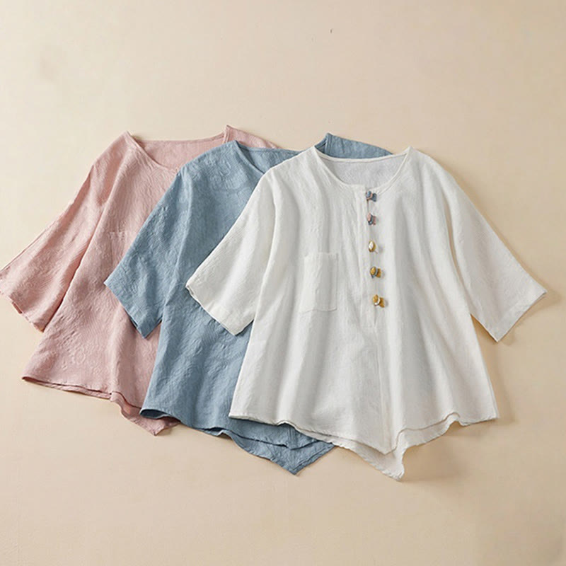 Chemise décontractée en coton et lin pour femme, motif grenouille coloré, motif fleurs et Buddha Stones , à manches mi-longues - image 1