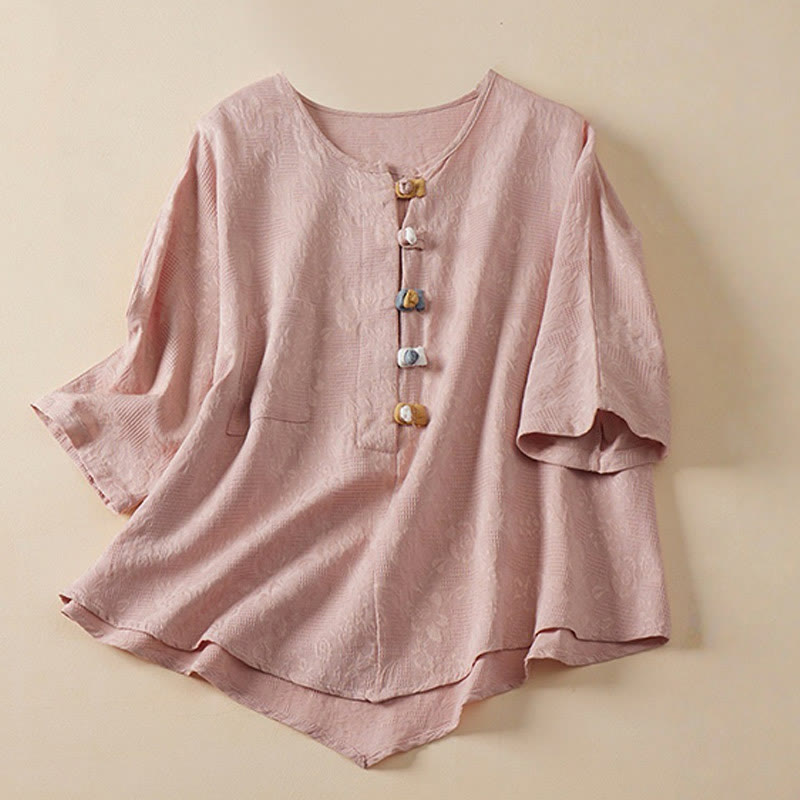 Chemise décontractée en coton et lin pour femme, motif grenouille coloré, motif fleurs et Buddha Stones , à manches mi-longues - Rose - US8-10，UK/AU12-14，EU40-42 (2XL) - image 4