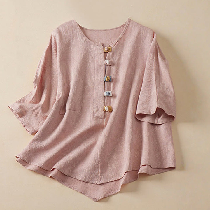 Chemise décontractée en coton et lin pour femme, motif grenouille coloré, motif fleurs et Buddha Stones , à manches mi-longues - Rose - US8-10，UK/AU12-14，EU40-42 (2XL) - image 4