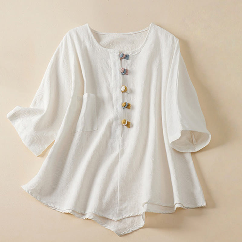 Chemise décontractée en coton et lin pour femme, motif grenouille coloré, motif fleurs et Buddha Stones , à manches mi-longues - Blanc - US8-10，UK/AU12-14，EU40-42 (2XL) - image 14