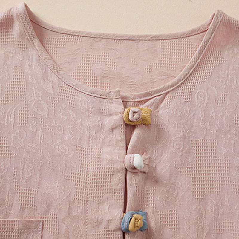 Chemise décontractée en coton et lin pour femme, motif grenouille coloré, motif fleurs et Buddha Stones , à manches mi-longues - image 6