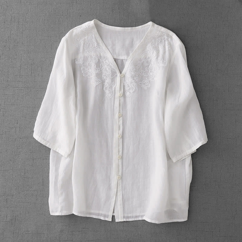 Cardigan en coton à manches mi-longues pour femme, motif Buddha Stones, broderie artistique de couleur pure, bouton sur le devant - Blanc - US12，UK/AU16，EU44 (2XL) - image 11