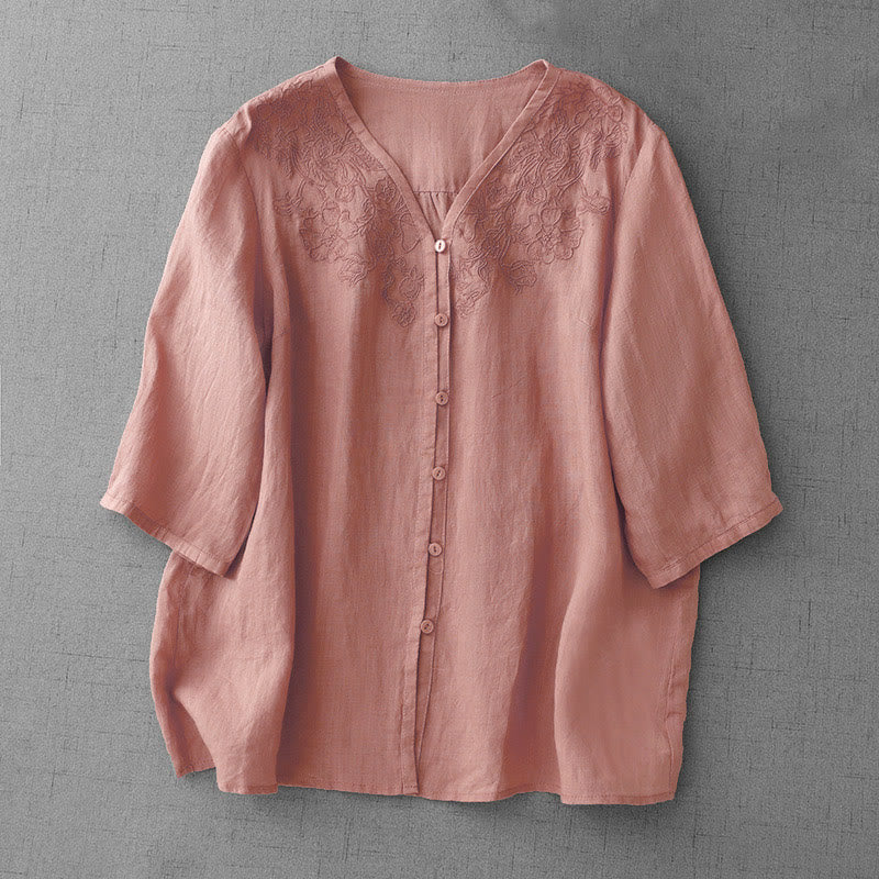 Chemise à manches courtes en coton pour femme, ornée de broderies artistiques en couleurs pures avec Buddha Stones et boutons sur le devant - LightCoral - US12，UK/AU16，EU44 (2XL) - image 0