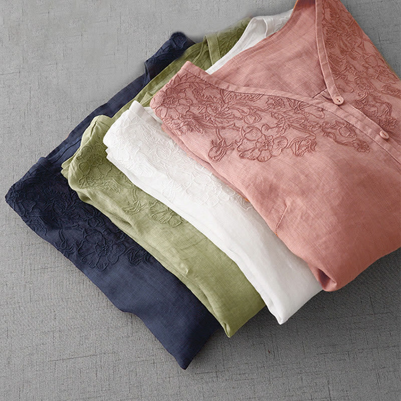 Chemise à manches courtes en coton pour femme, ornée de broderies artistiques en couleurs pures avec Buddha Stones et boutons sur le devant - image 31