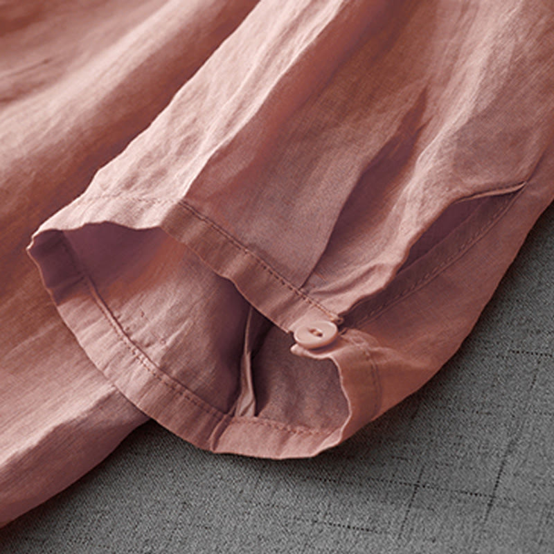 Chemise à manches courtes en coton pour femme, ornée de broderies artistiques en couleurs pures avec Buddha Stones et boutons sur le devant - image 5