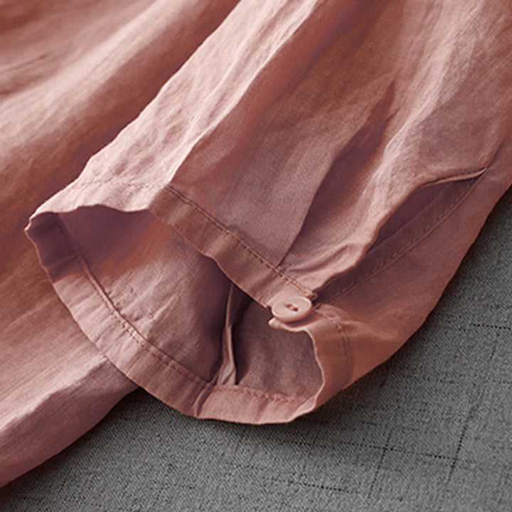 Chemise à manches courtes en coton pour femme, ornée de broderies artistiques en couleurs pures avec Buddha Stones et boutons sur le devant - image 5