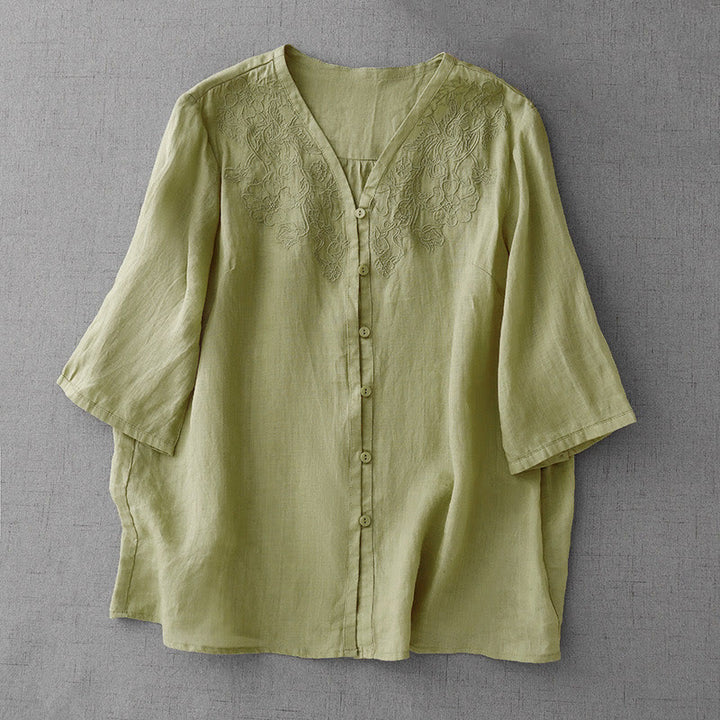 Chemise à manches courtes en coton pour femme, ornée de broderies artistiques en couleurs pures avec Buddha Stones et boutons sur le devant - Vert clair - US12，UK/AU16，EU44 (2XL) - image 16