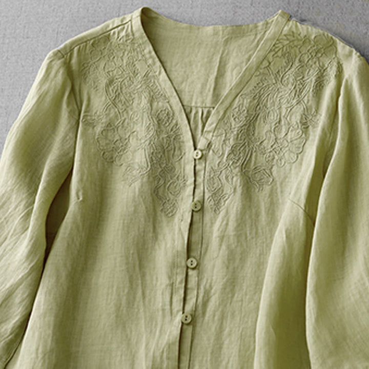 Chemise à manches courtes en coton pour femme, ornée de broderies artistiques en couleurs pures avec Buddha Stones et boutons sur le devant - image 17