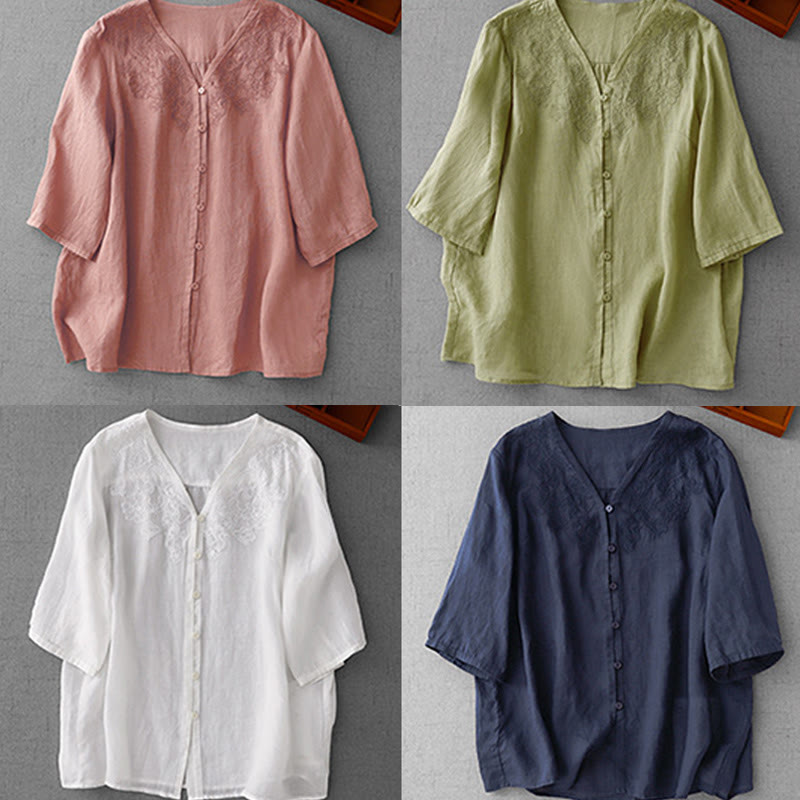 Chemise à manches courtes en coton pour femme, ornée de broderies artistiques en couleurs pures avec Buddha Stones et boutons sur le devant - image 28