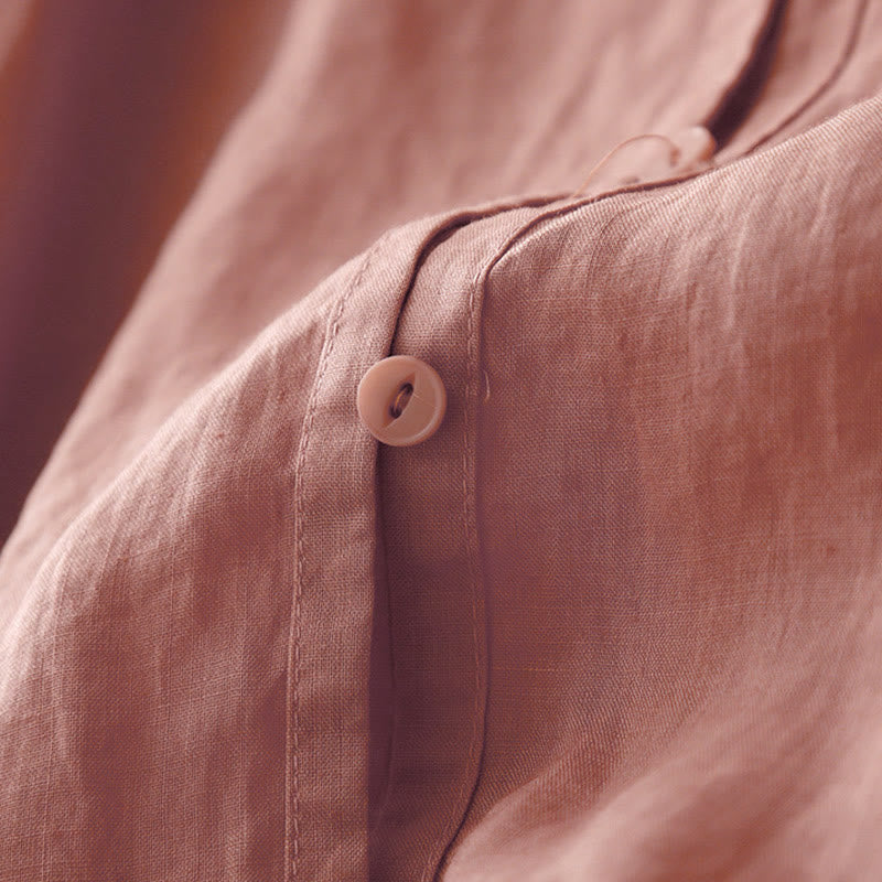 Chemise à manches courtes en coton pour femme, ornée de broderies artistiques en couleurs pures avec Buddha Stones et boutons sur le devant - image 4