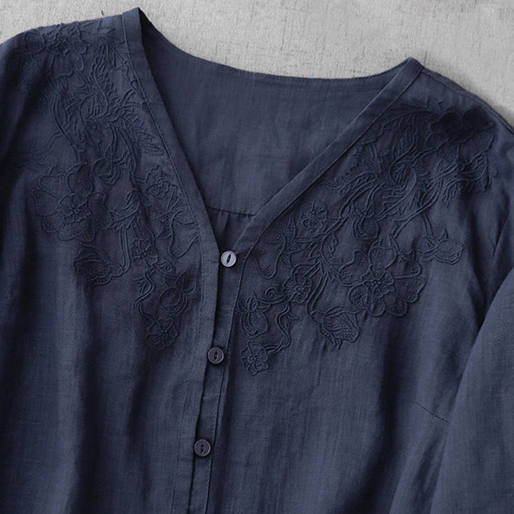 Chemise à manches courtes en coton pour femme, ornée de broderies artistiques en couleurs pures avec Buddha Stones et boutons sur le devant - image 27